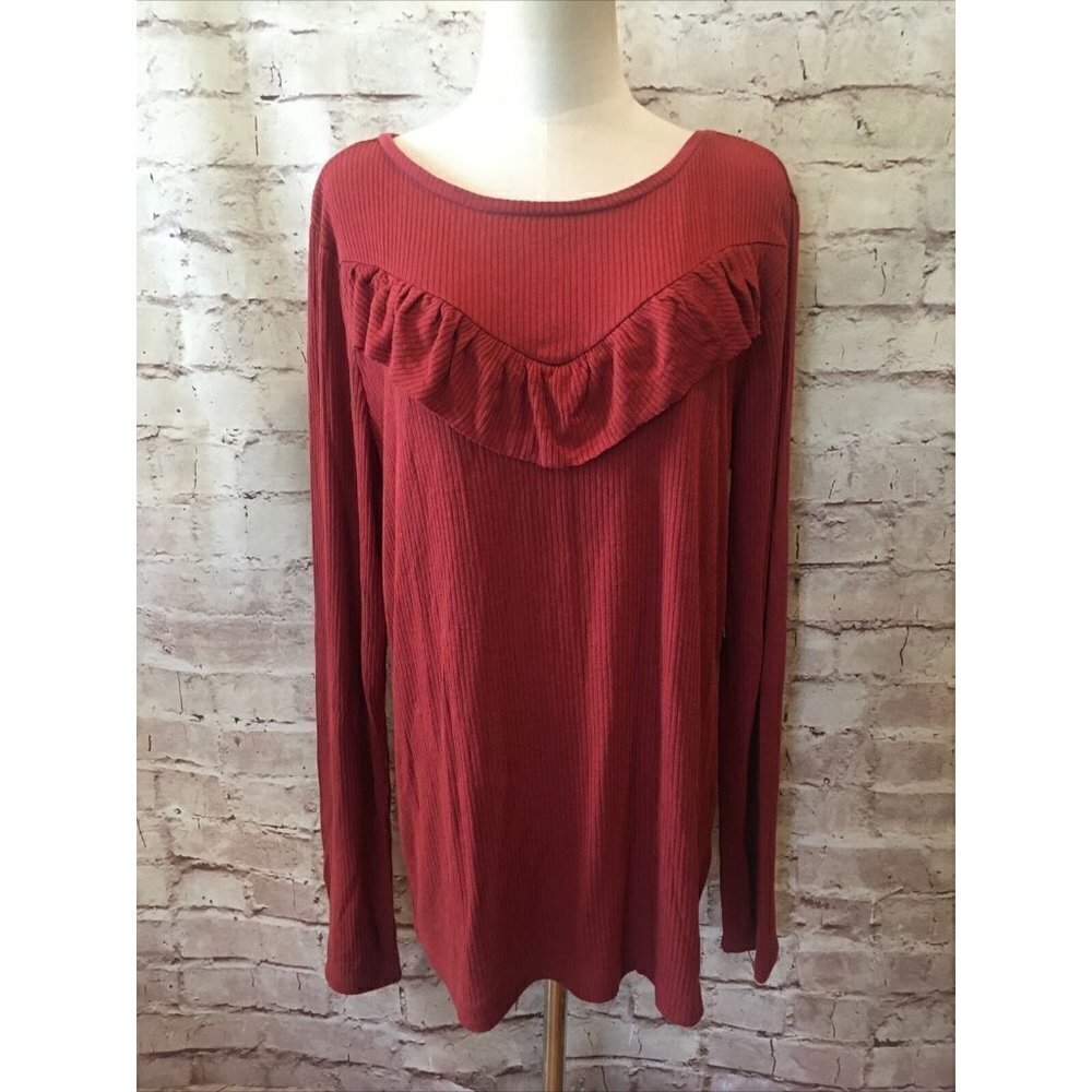 a.n.a. A New Approach Womens XL Long Sleeve Shirt Ribbed Knit Stretch Rust - NEW